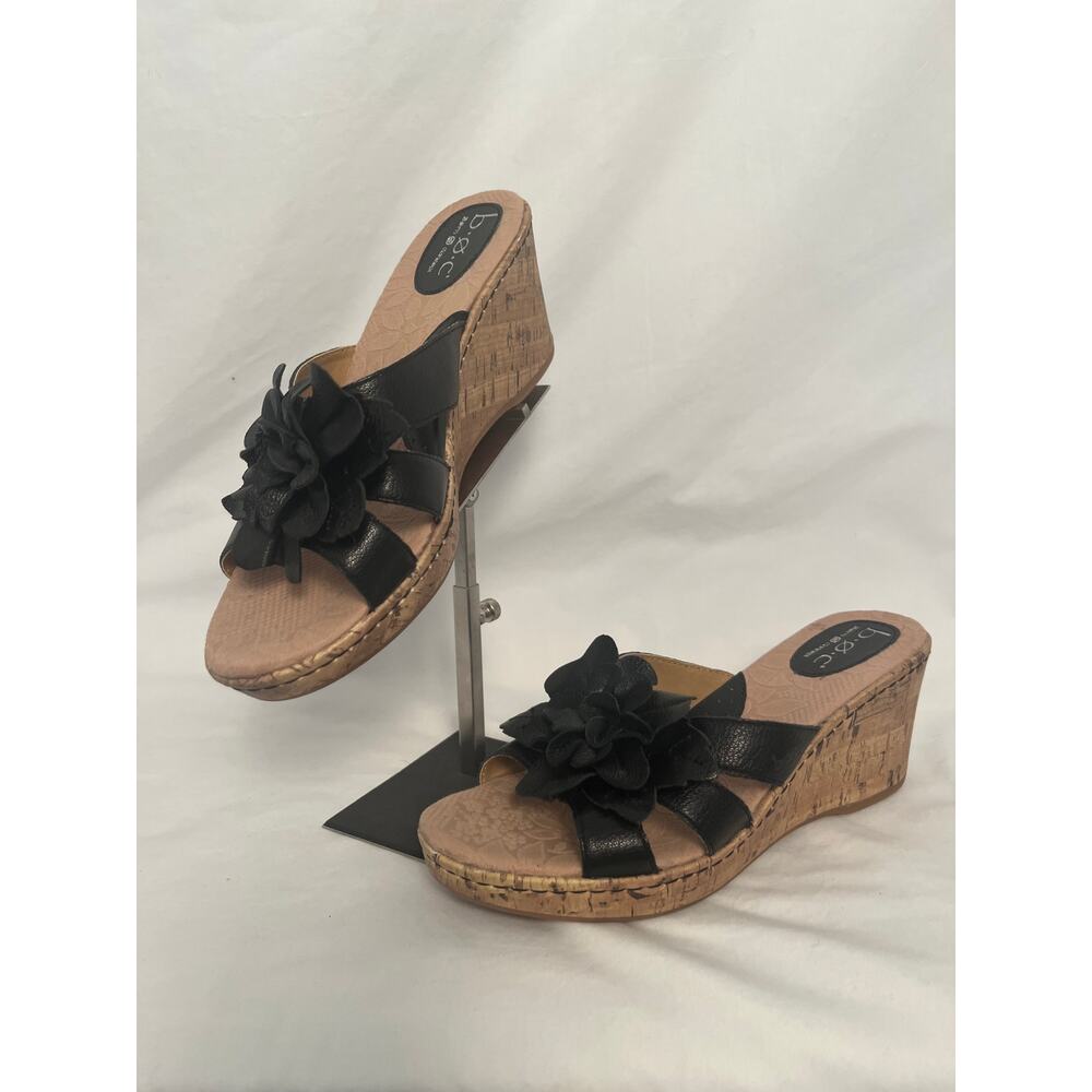 BOC Born Concept Black Flower Cork Wedge Sandals Size 9 Boho Comfort